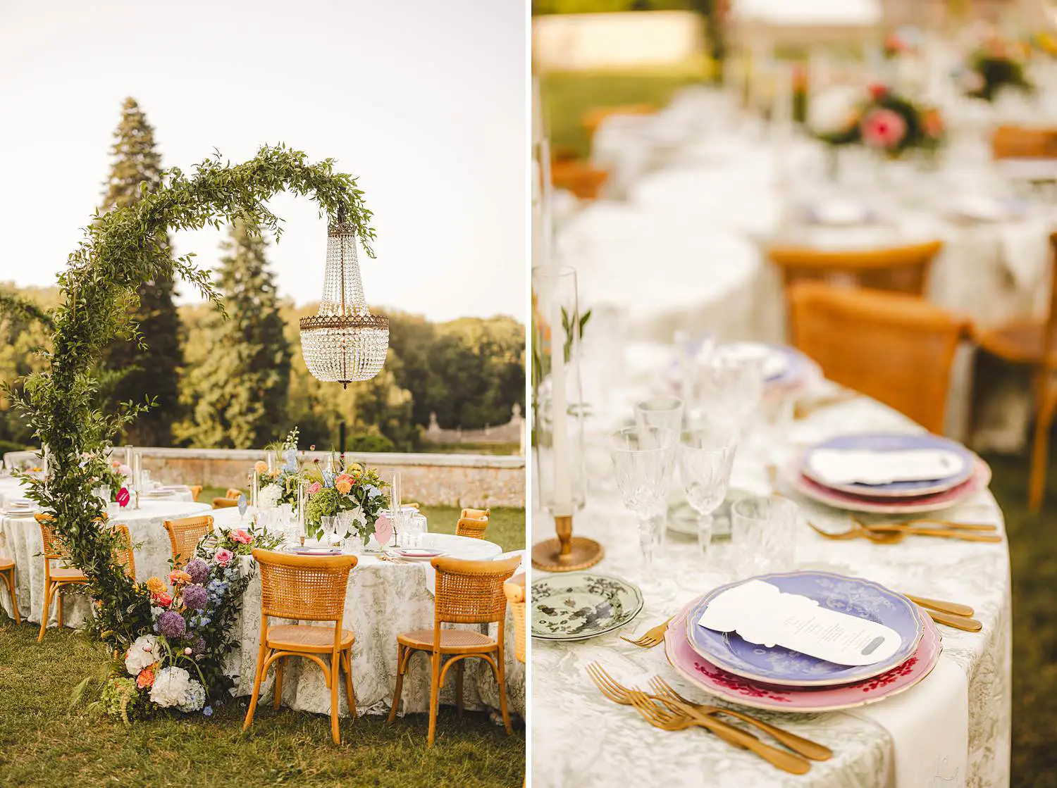 A dreamy wedding dinner table look cascading florals, woven chairs, chandeliers floating above the greenery, and the softest evening light at Castello di Celsa