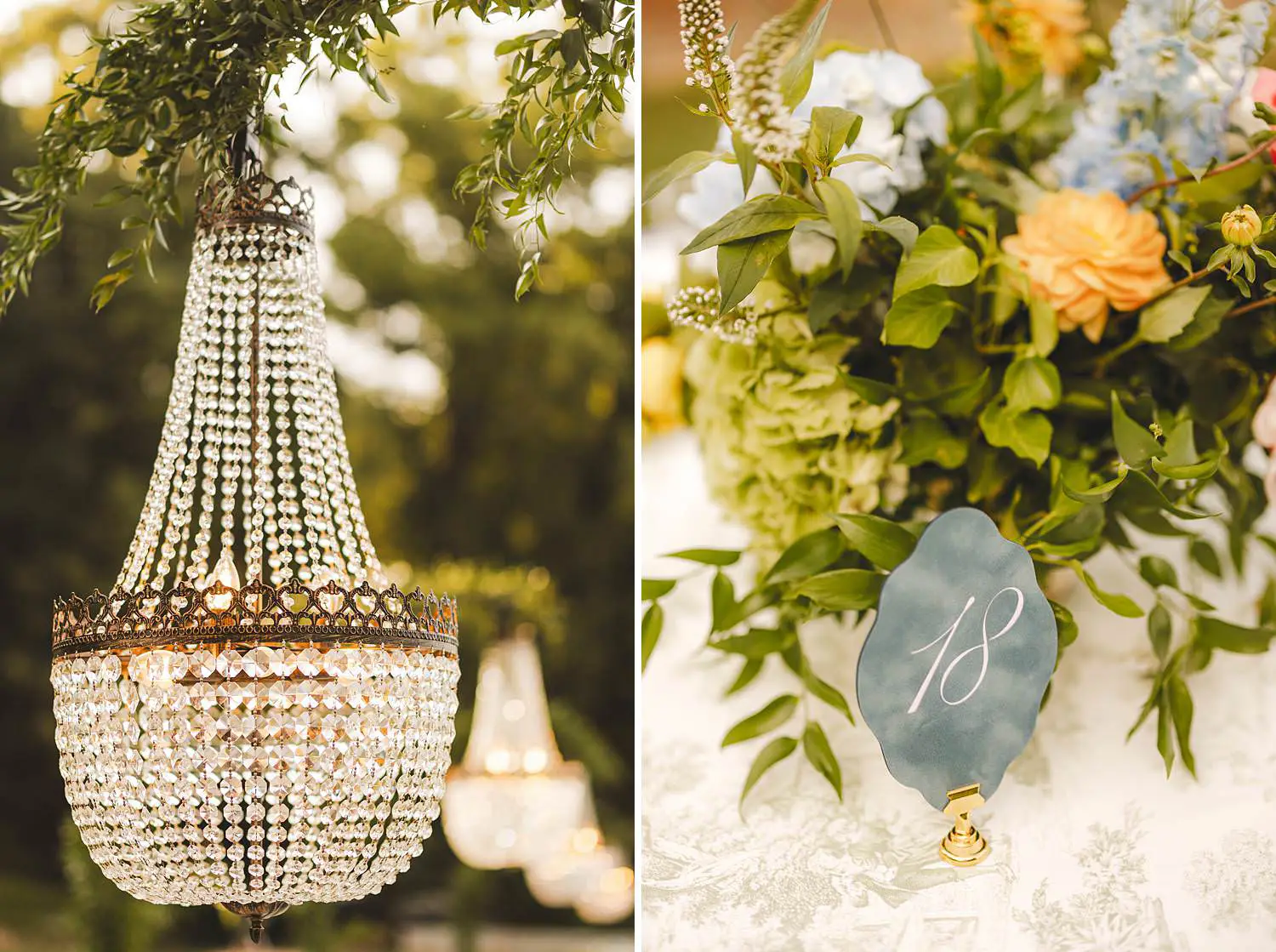 Elegant and luxury wedding dinner table details with chandelier at Castello di Celsa