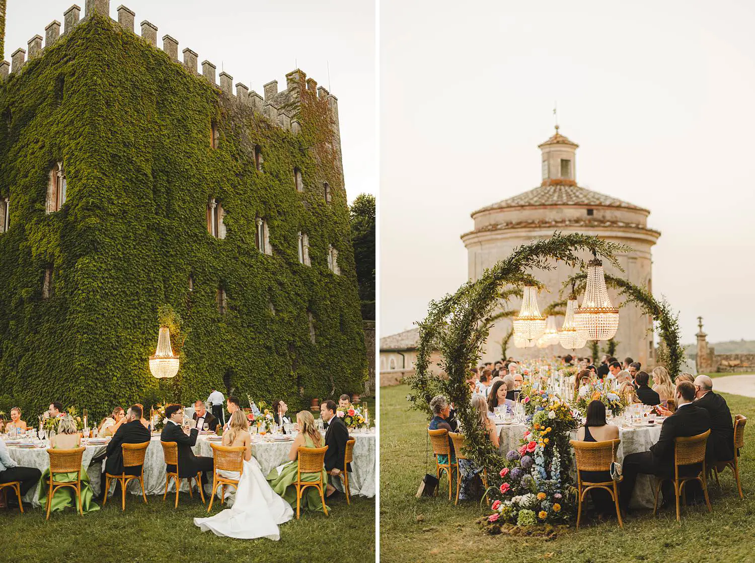 Unforgettable and dreamy wedding dinner recaption at luxury Castello di Celsa venue in Tuscany
