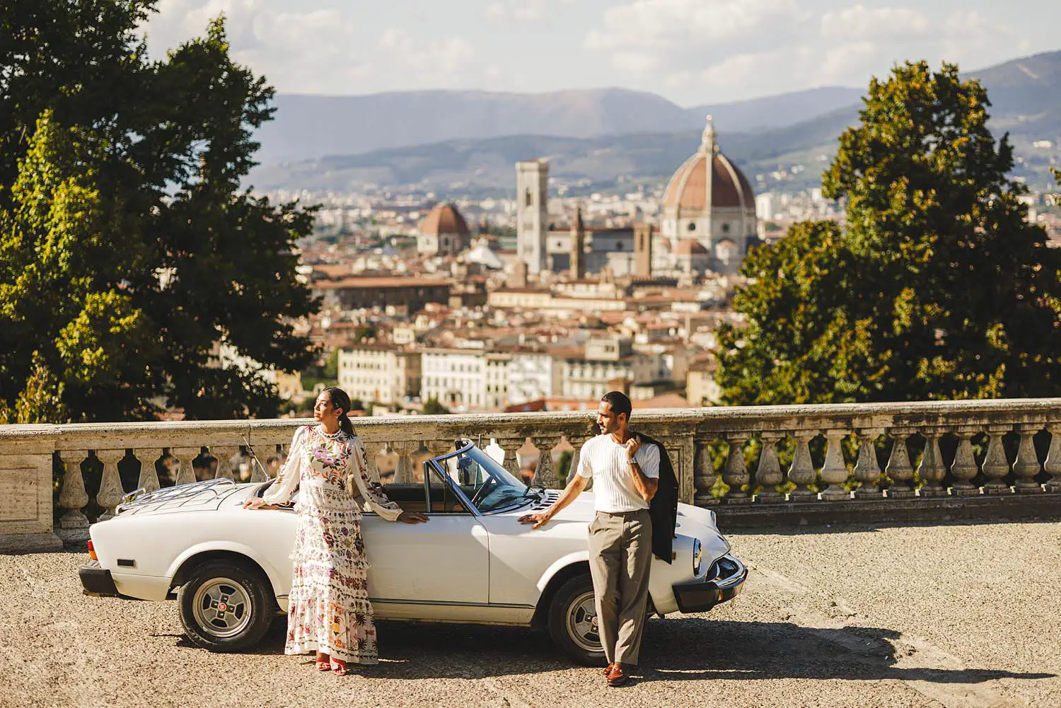 Iconic and stylish vintage car photoshoot in Florence at Terrazza San Miniato