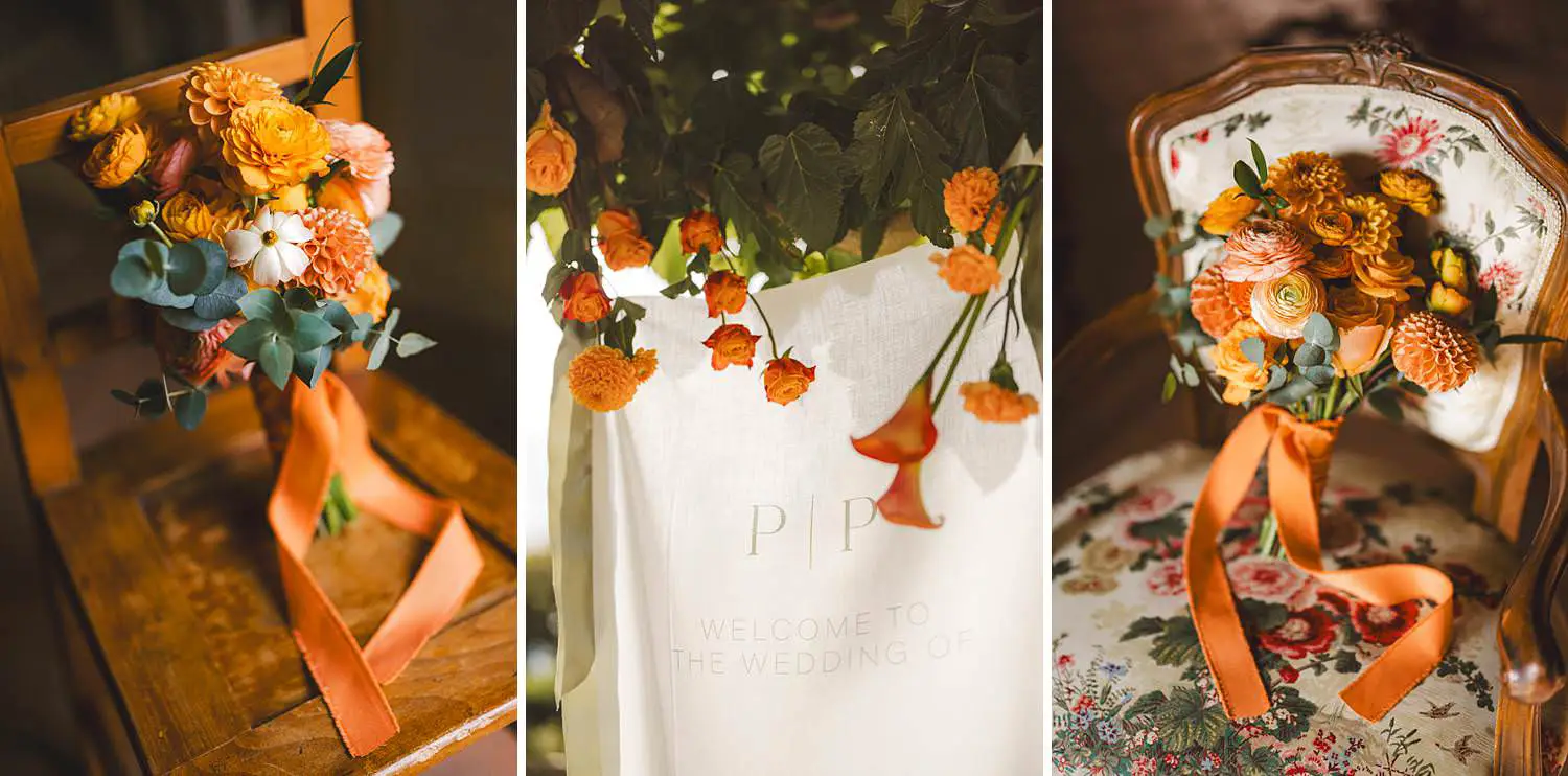 Warm autumn seasonal florals in shades of orange for an intimate same sex destination wedding in Tuscany at Borgo di Petrognano