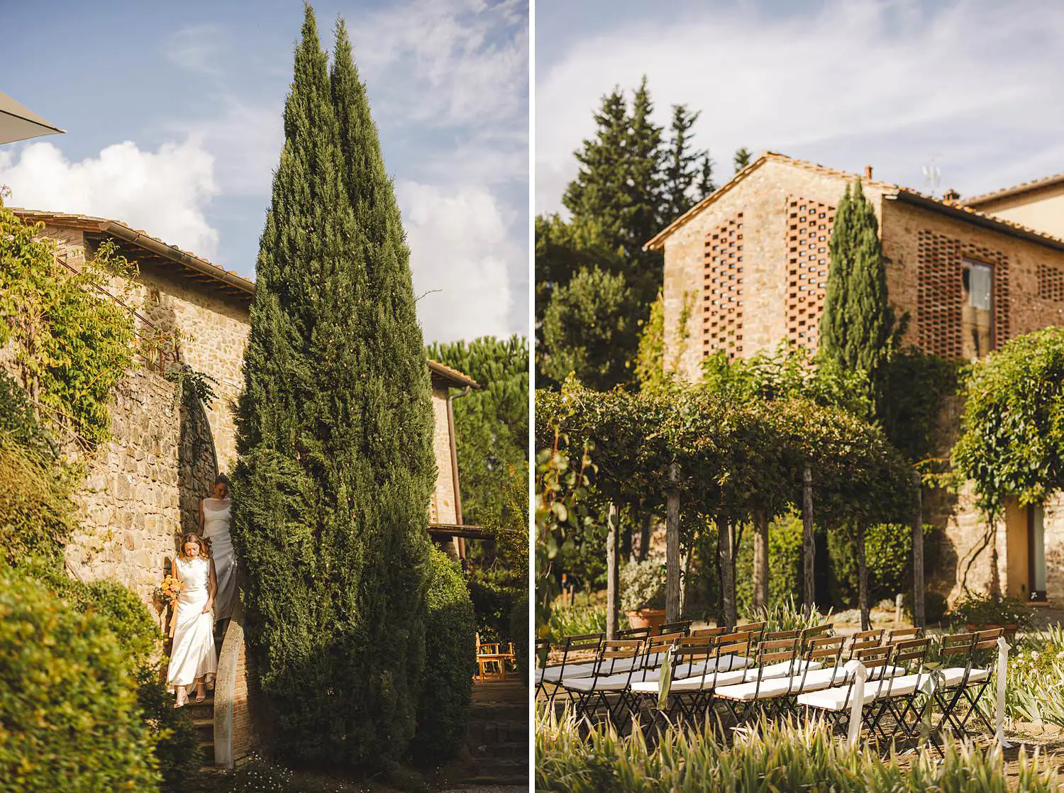 Outdoor same sex wedding ceremony decor among a natural archway of greenery and rustic stone architecture at Borgo di Petrognano