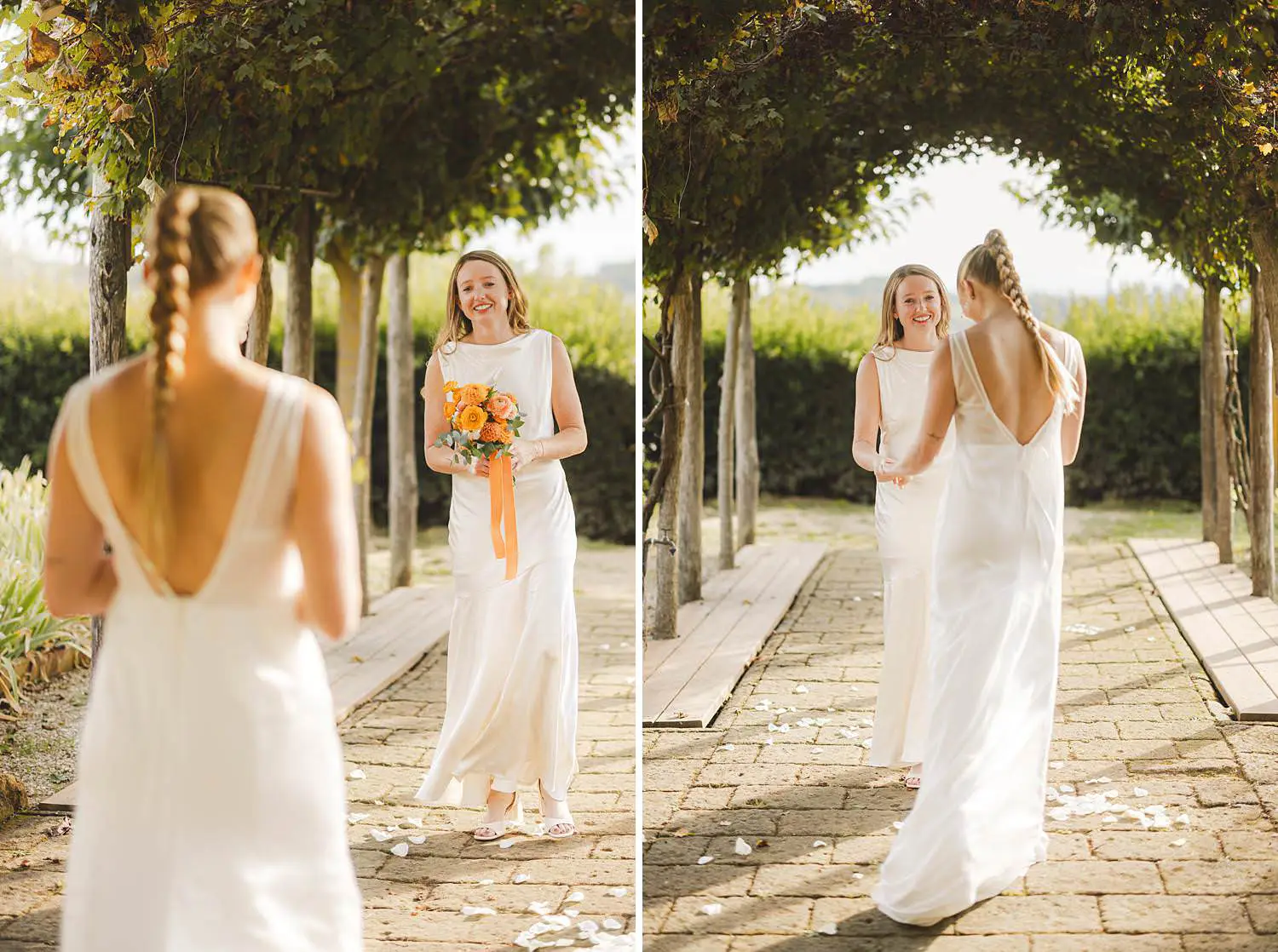 Same sex brides walking the aisle toward each other with smiles, emotion and quiet laughter at Borgo di Petrognano