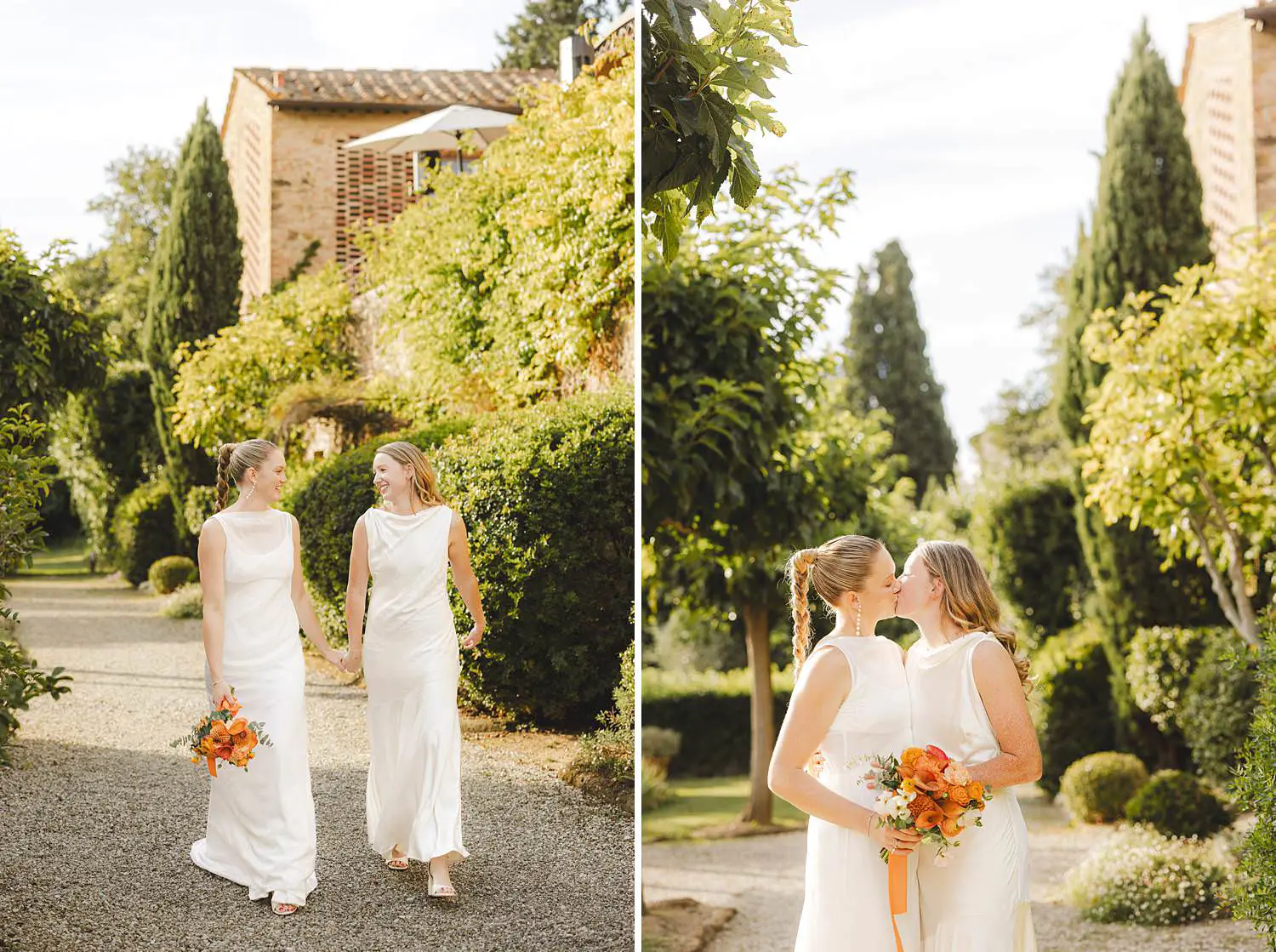 Capturing brides candid portraits against rustic stone architecture at Borgo di Petrognano for a joyful wedding in Tuscany