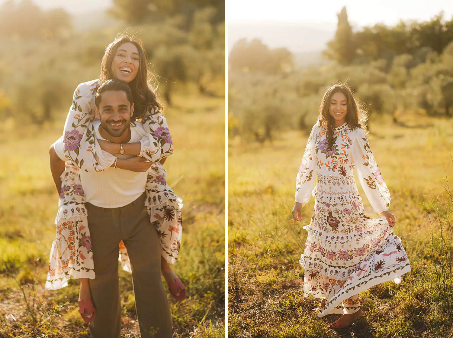 Exciting and fun golden hour photo session among olive trees in the Chianti countryside