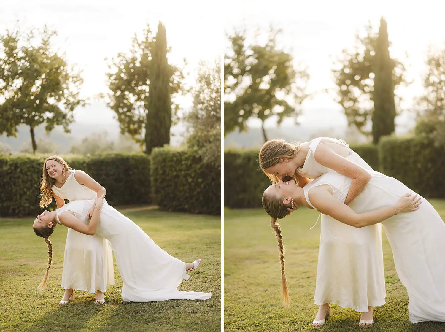 Emotional and quiet laughter moment during same sex destination wedding at Borgo di Petrognano