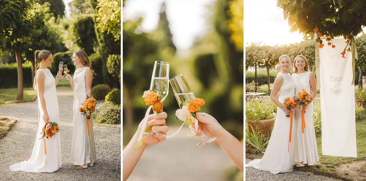 Golden light same sex wedding portrait at Borgo di Petrognano in the heart of Tuscany