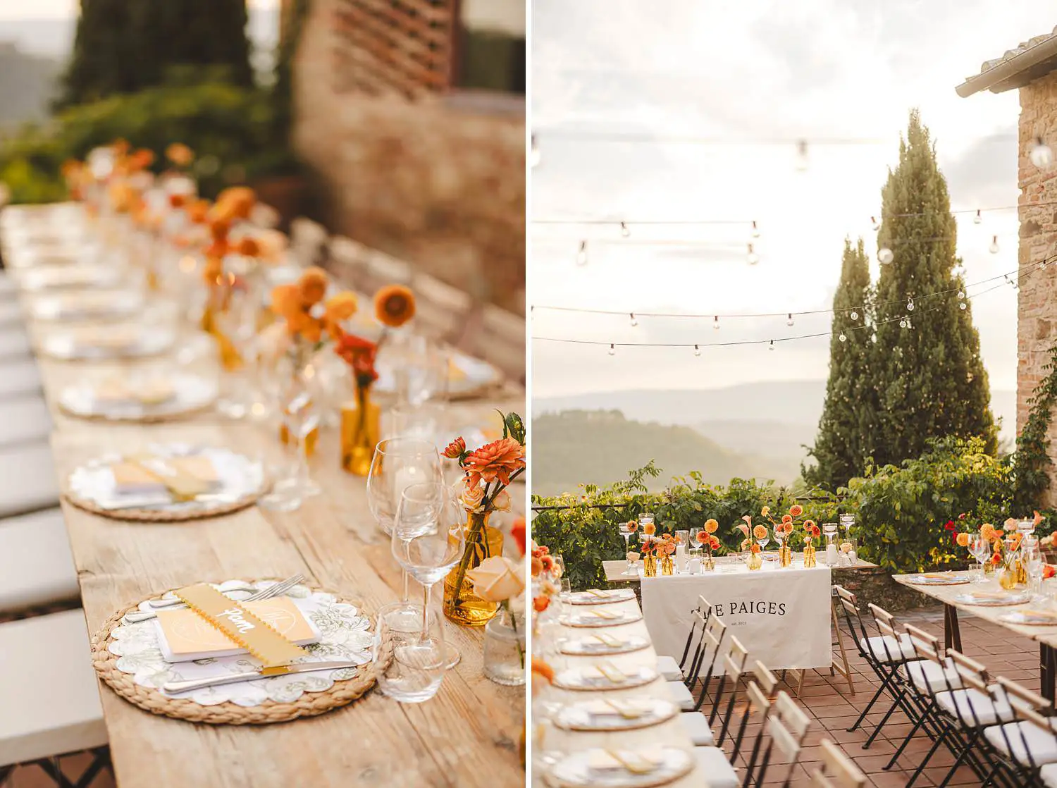 Elegant wedding dinner table decoration under Tuscan golden light with warm seasonal florals in shades of orange at Borgo di Petrognano. Photo by the Italian documentary wedding photographer in Tuscany based Florence Gabriele Fani