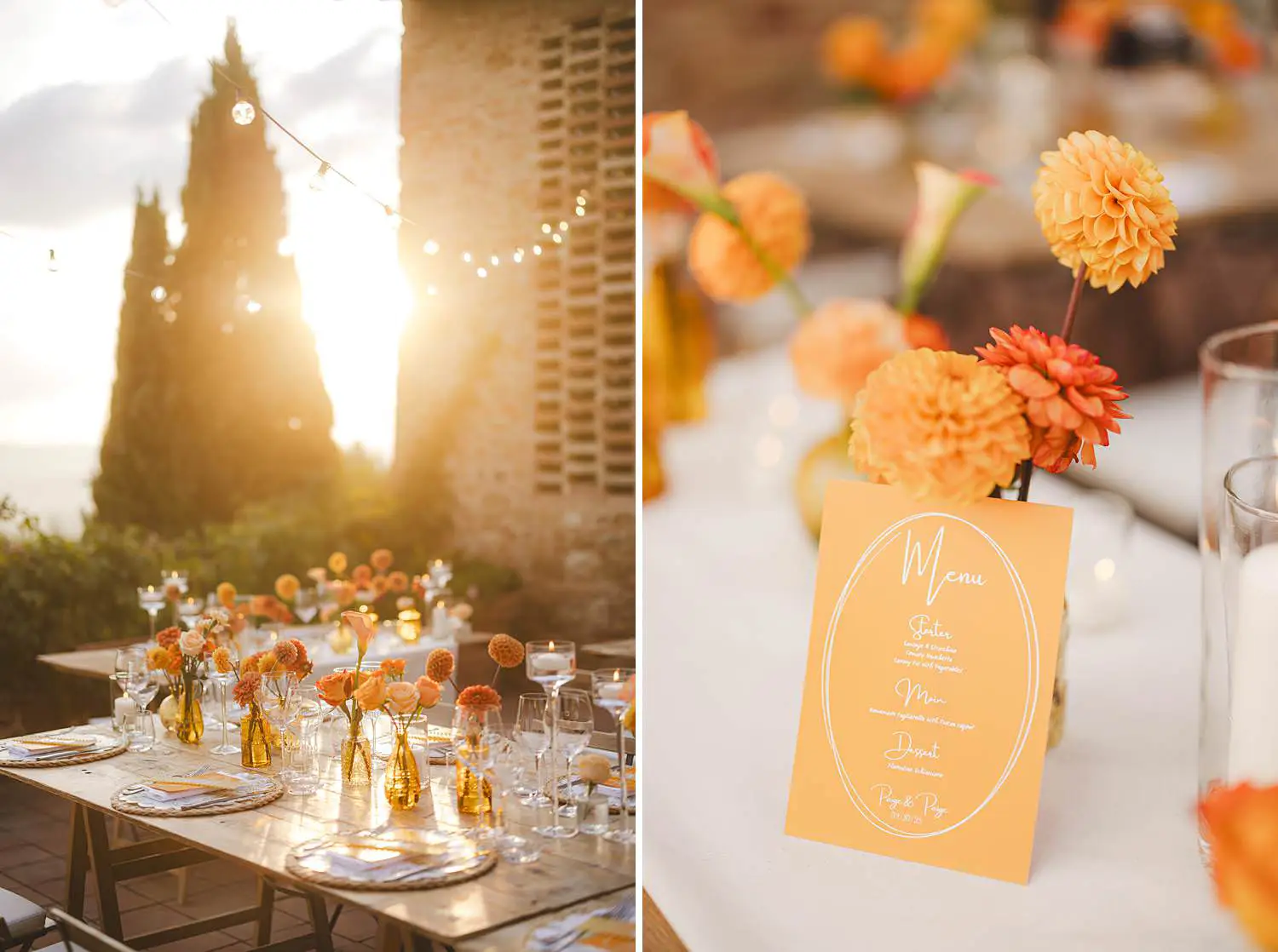Elegant wedding dinner table decoration under Tuscan golden light with warm seasonal florals in shades of orange at Borgo di Petrognano