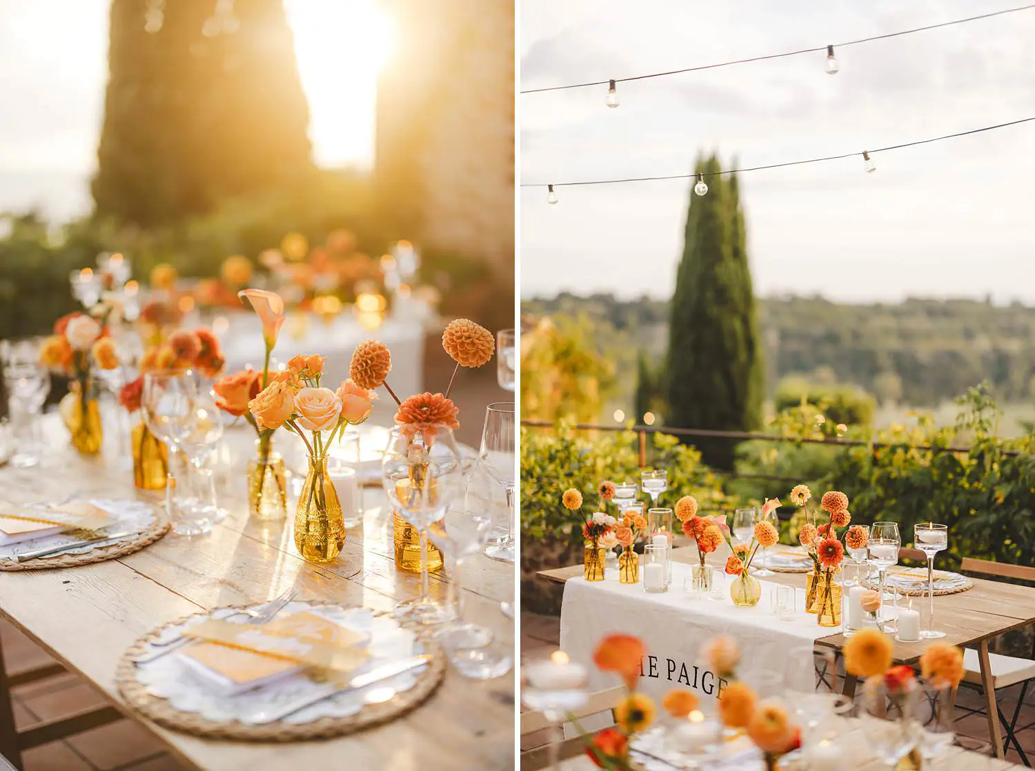 Elegant wedding dinner table decoration under Tuscan golden light with warm seasonal florals in shades of orange at Borgo di Petrognano