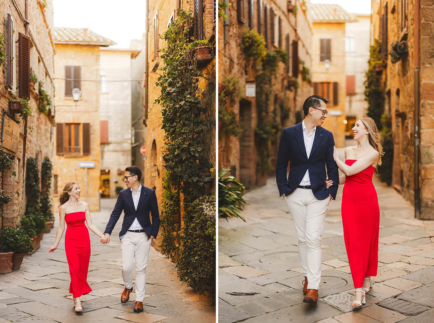 A relaxed and spontaneous engagement photoshoot in charming historic streets of Pienza