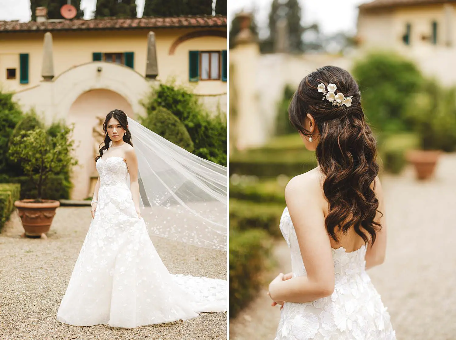 Lovely bride pre-wedding photos at historic Florentine Villa Agape garden