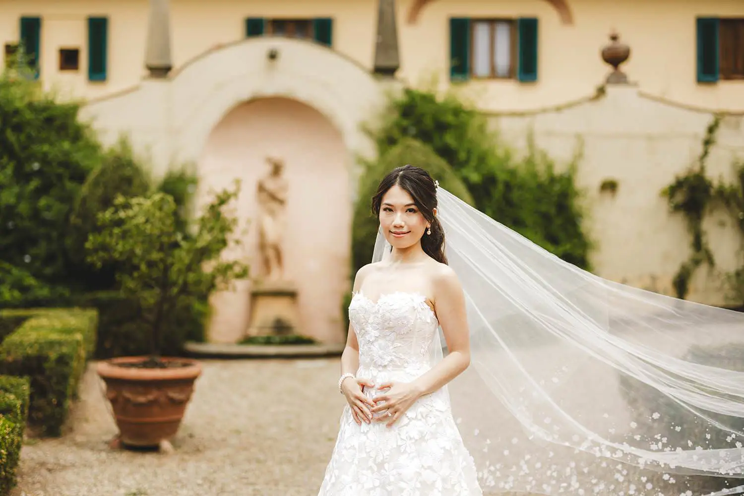 Lovely bride portrait with wedding dress photographed at Villa Agape