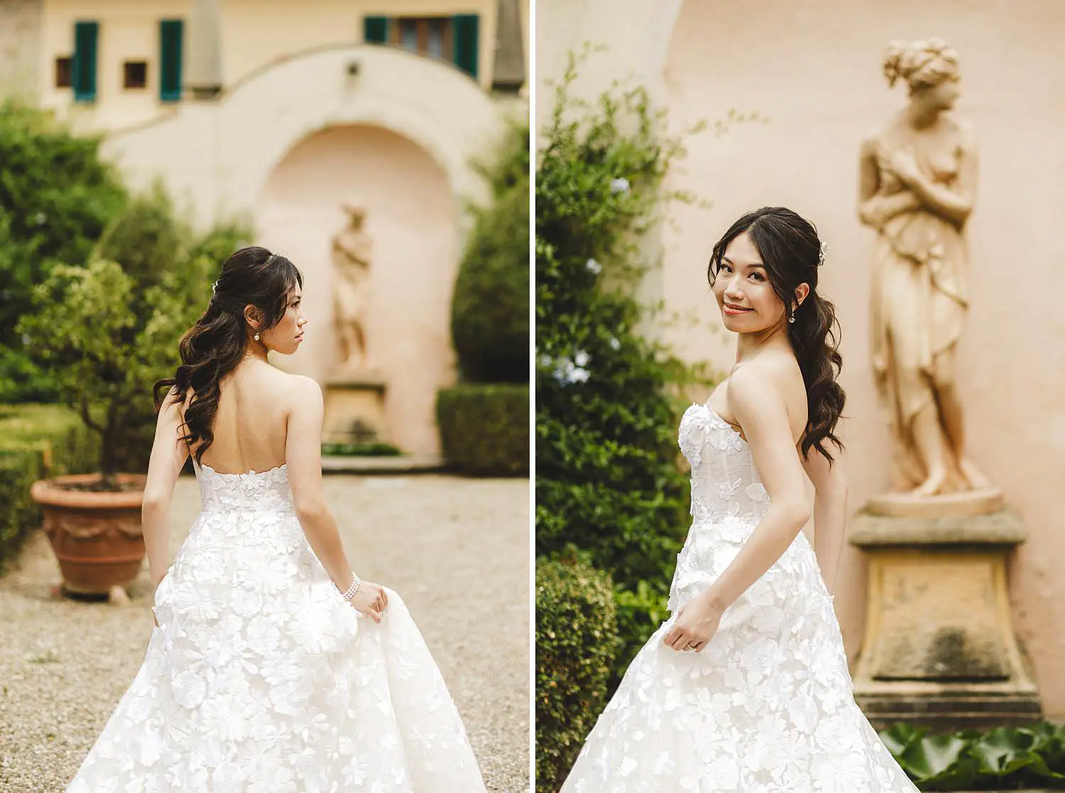 Lovely bride pre-wedding photos at historic Florentine Villa Agape garden