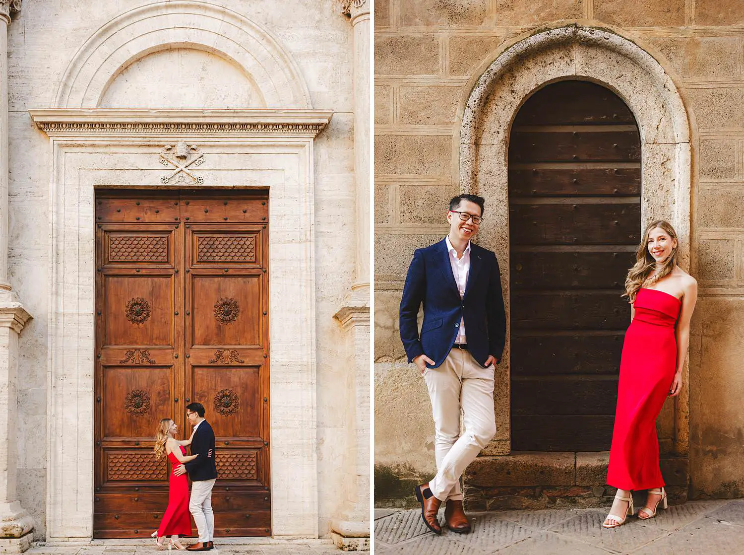 A relaxed engagement photoshoot in charming historic streets of Pienza