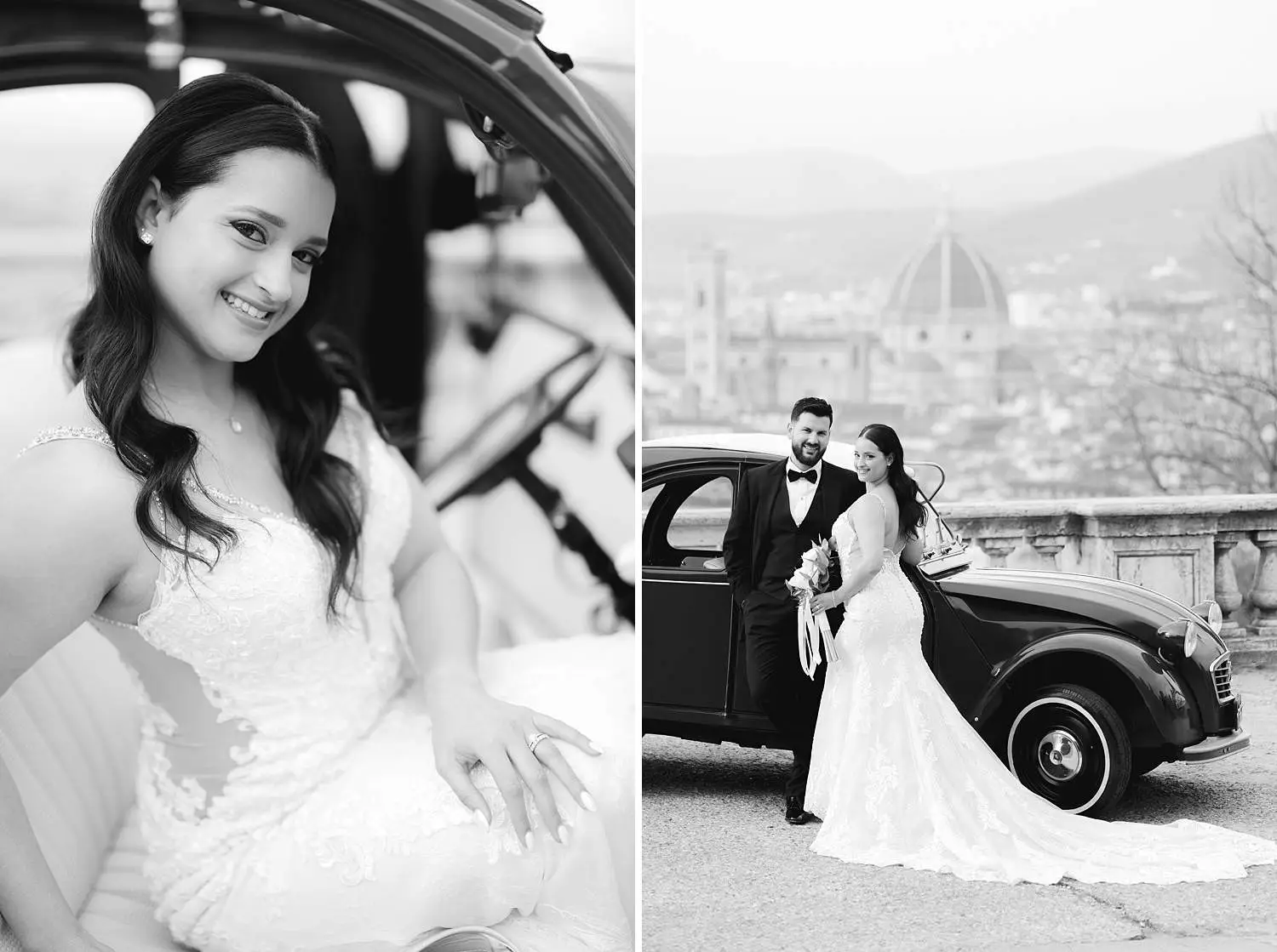 Elegant and beautiful elopement photo shoot in panoramic area of Florence with an old vintage car