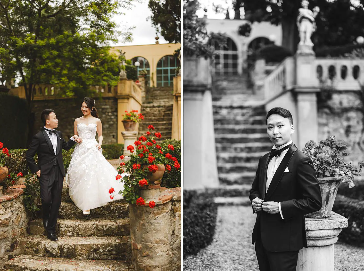 Elegant bride and groom pre-wedding photos at Italian garden of Villa Agape
