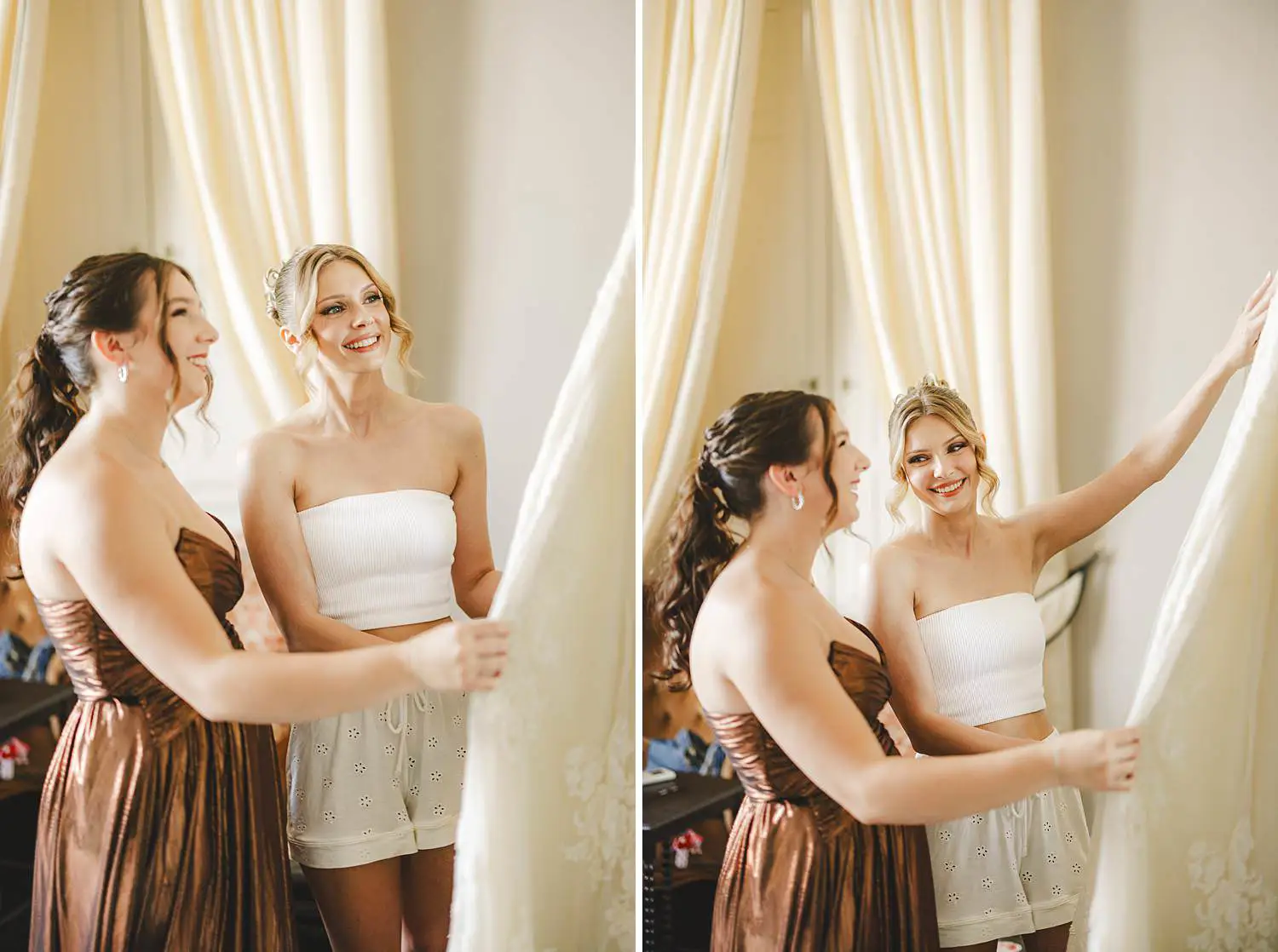 Joyful and elegant candid moment with bride just before to wear the wedding dress at Villa Belvedere in Loro Ciuffenna