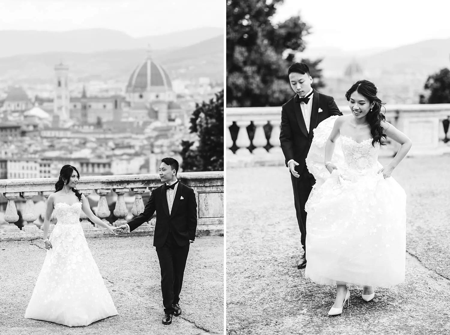 Bride and groom candid pre-wedding shoot in the panoramic views at San Miniato al Monte