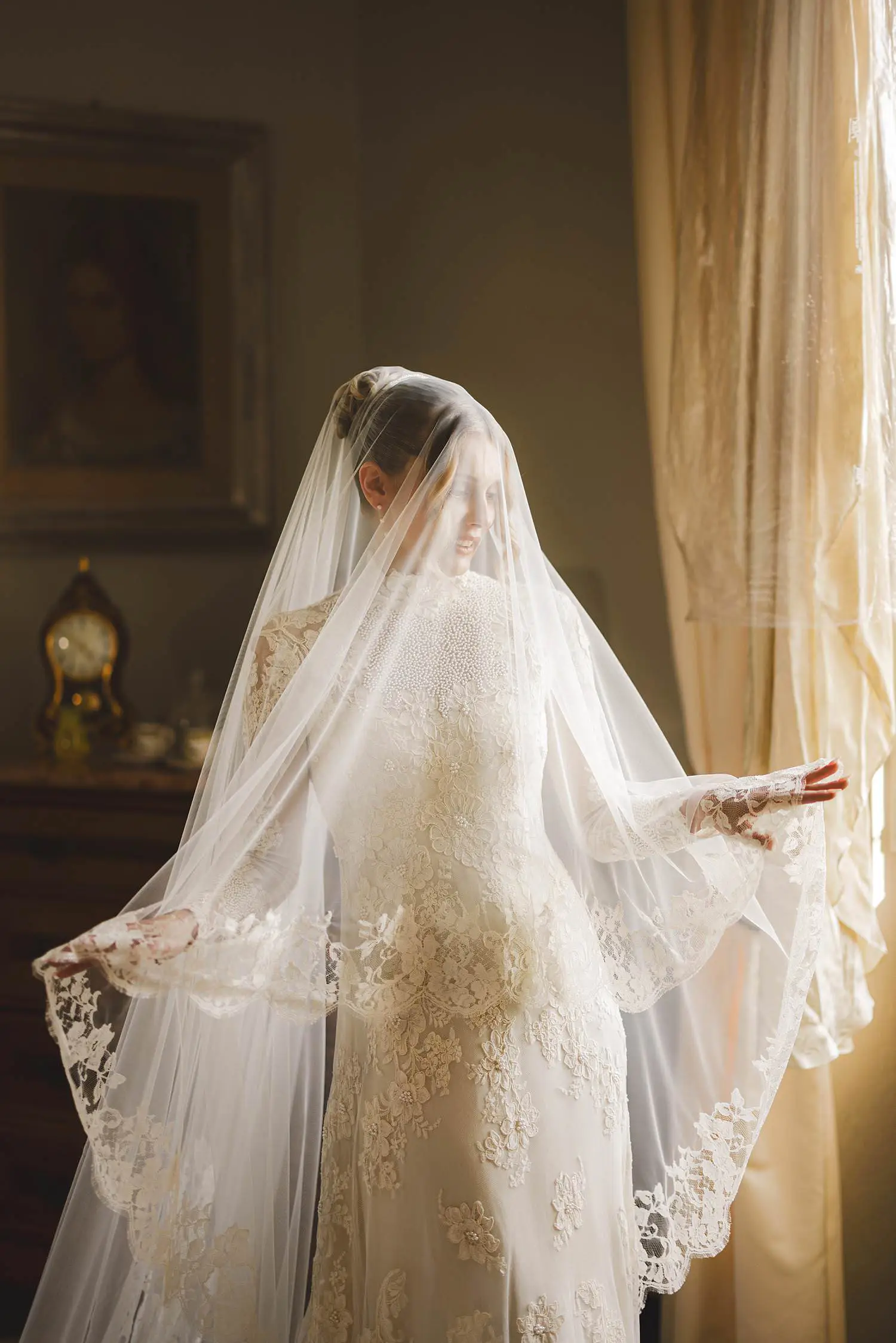 Elegant and beautiful bride candid portrait at Villa Belvedere in Loro Ciuffenna