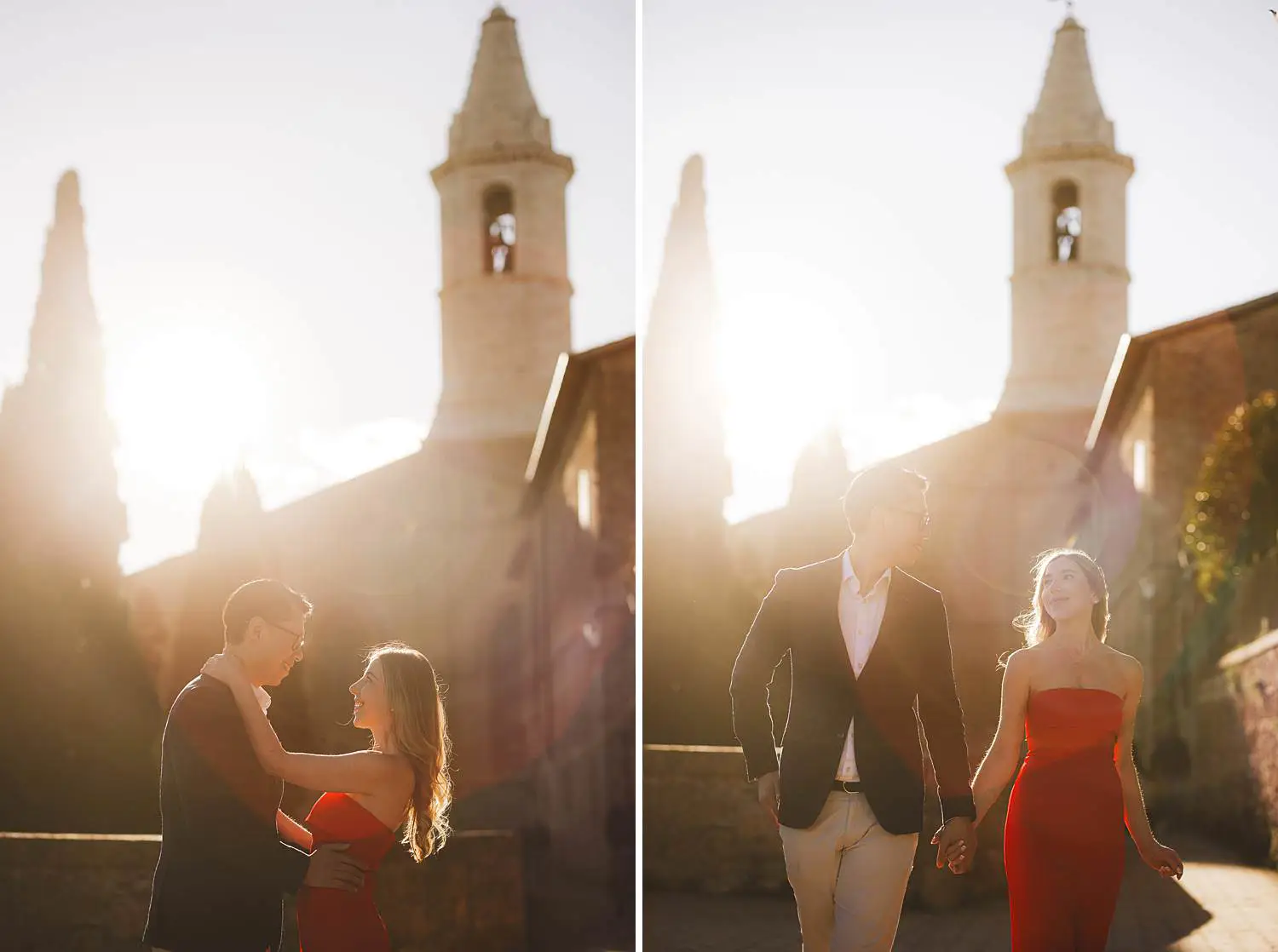 A relaxed engagement photoshoot in charming historic streets of Pienza