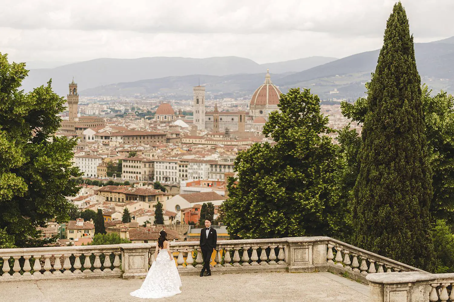 Bride and groom pre-wedding couple shoot in the panoramic views at San Miniato al Monte