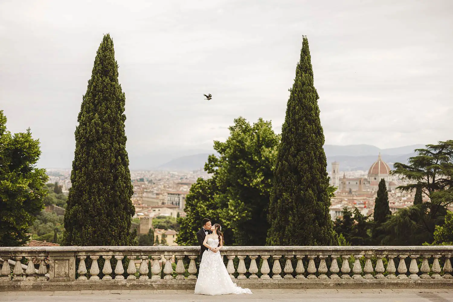 Bride and groom pre-wedding couple shoot in the panoramic views at San Miniato al Monte
