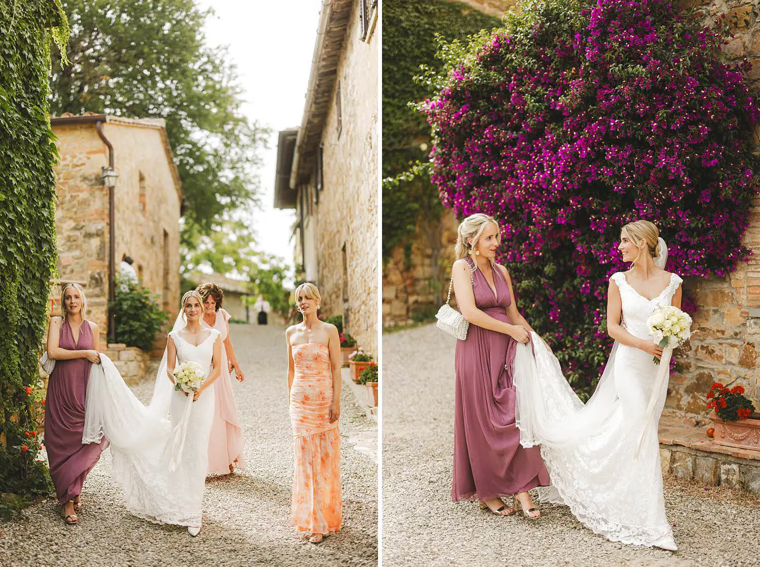 Bride, bridesmaids and mother lovely walk in the rustic and beautiful streets of Agriturismo Fattoria Quercia al Poggio