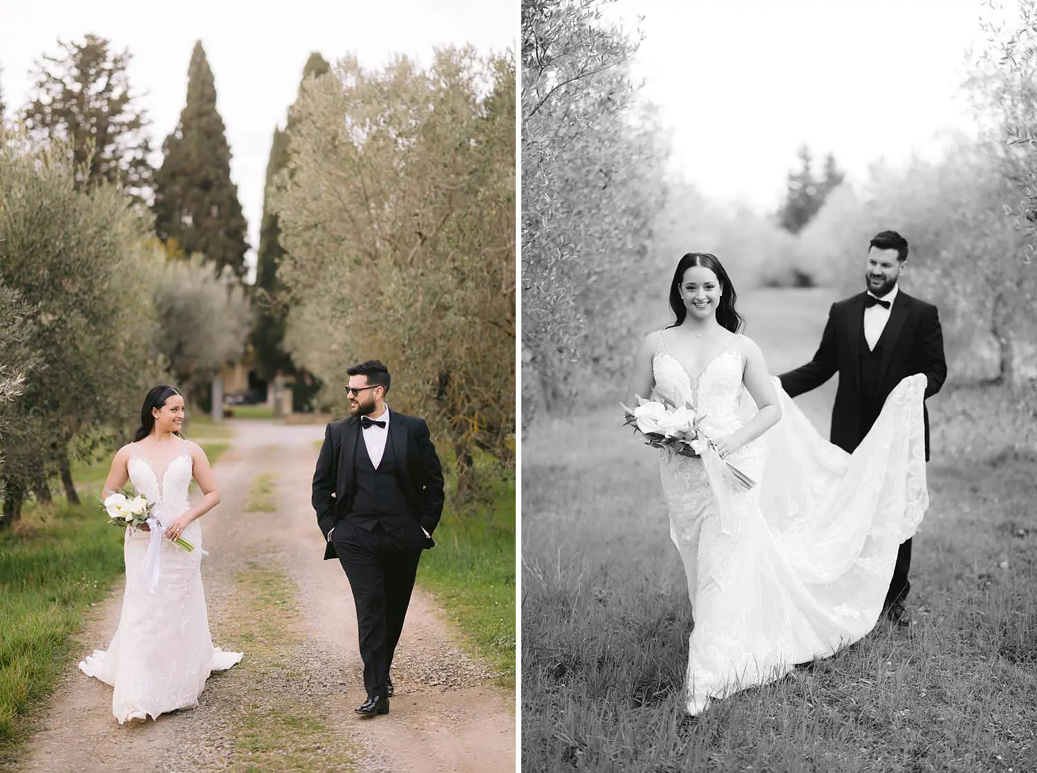 Elegant couple photo shoot with wedding dresses in the Chianti countryside