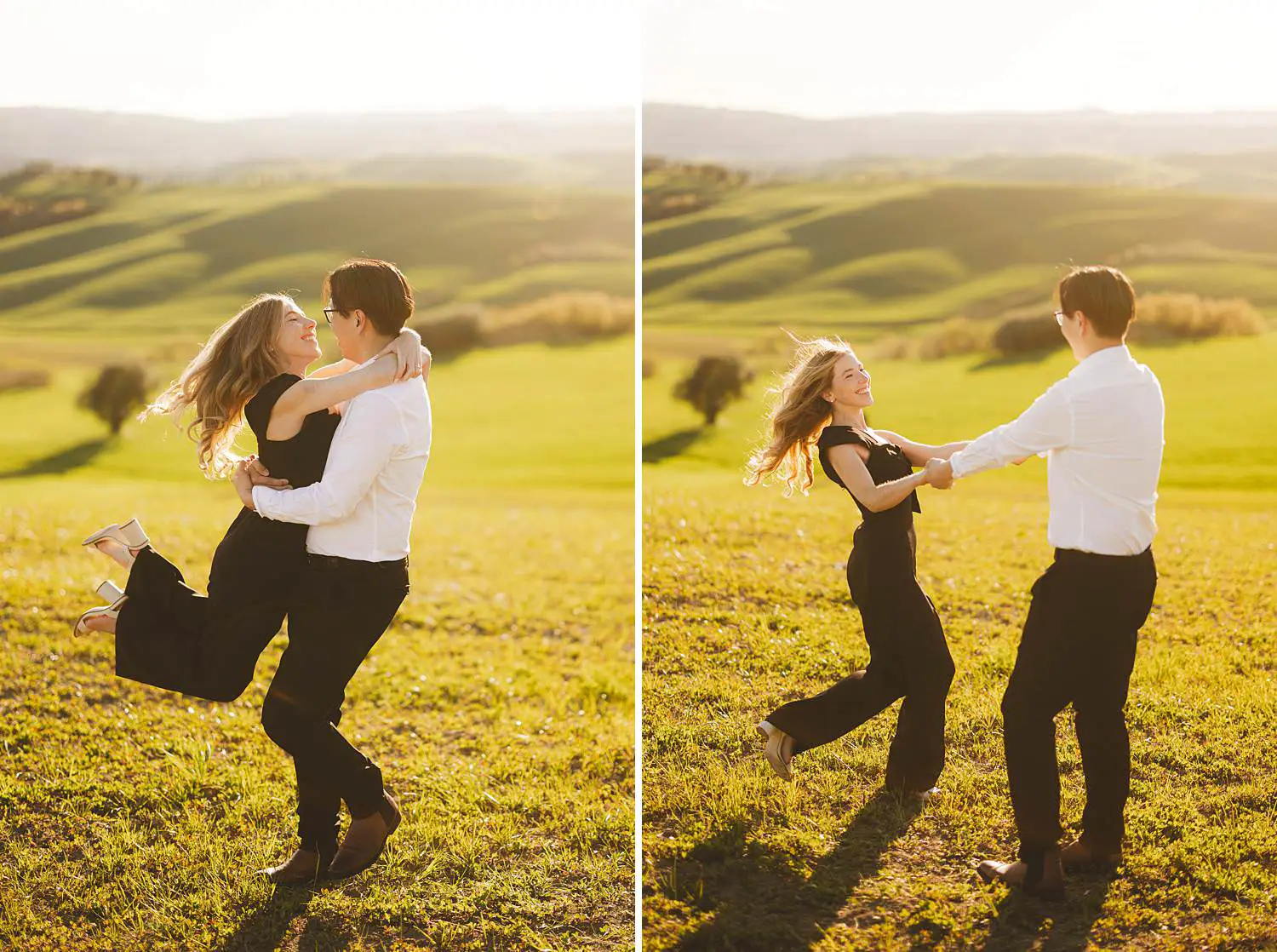 Golden hour portraits under warm light of Pienza in the most iconic landscapes in Tuscany
