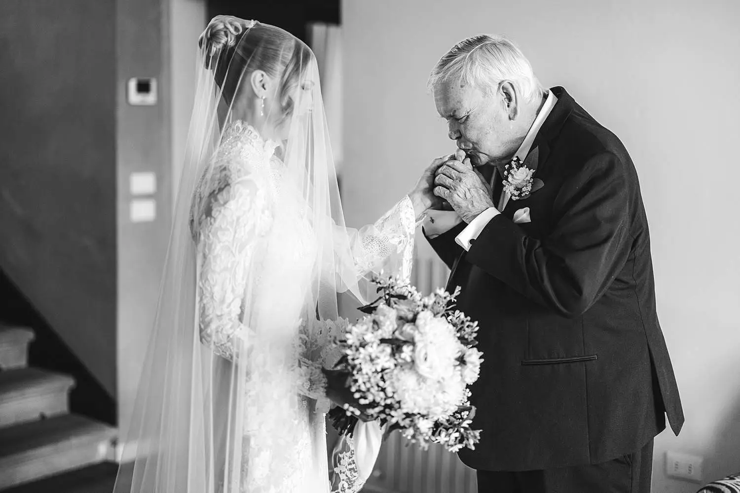 Unforgettable and emotional bride and grandfather first look at Villa Belvedere in Loro Ciuffenna