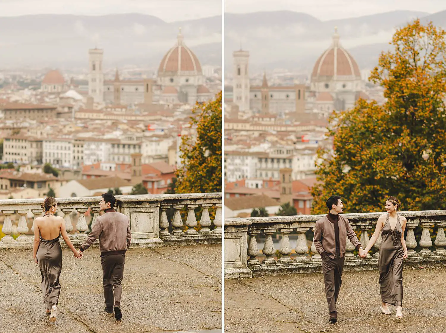 Romantic and fairytale engagement photo session in the most iconic panoramic viewpoint of Florence under a soft rain