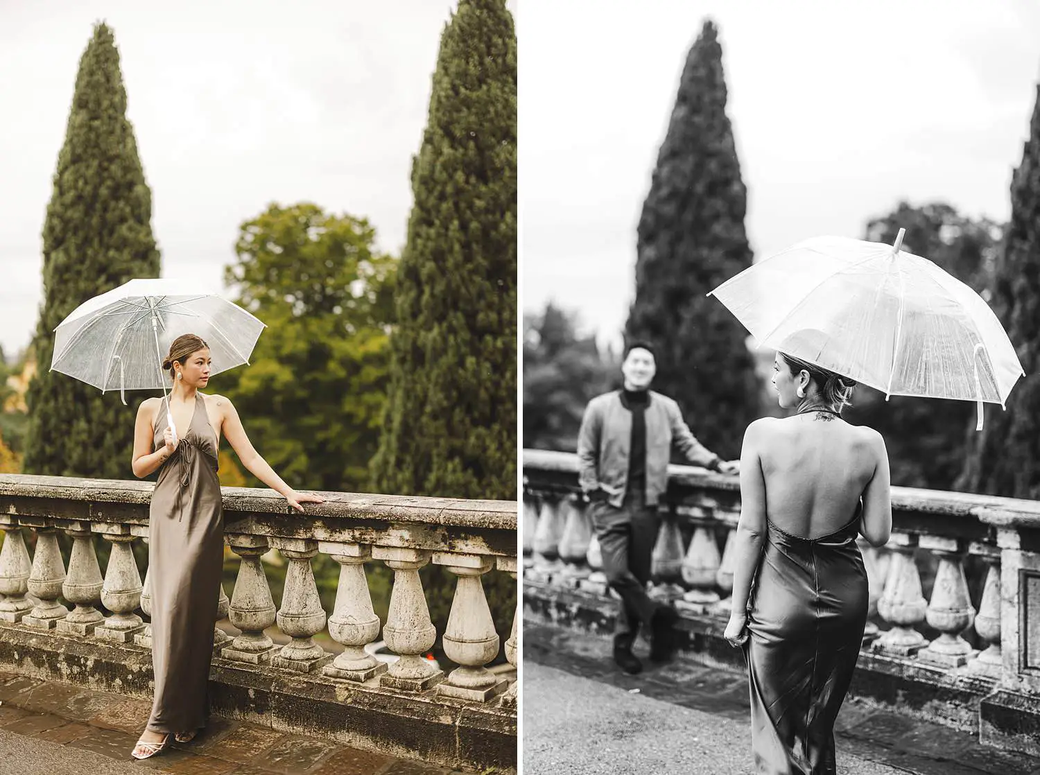 Romantic and elegant engagement photo session under the rain with transparent umbrella