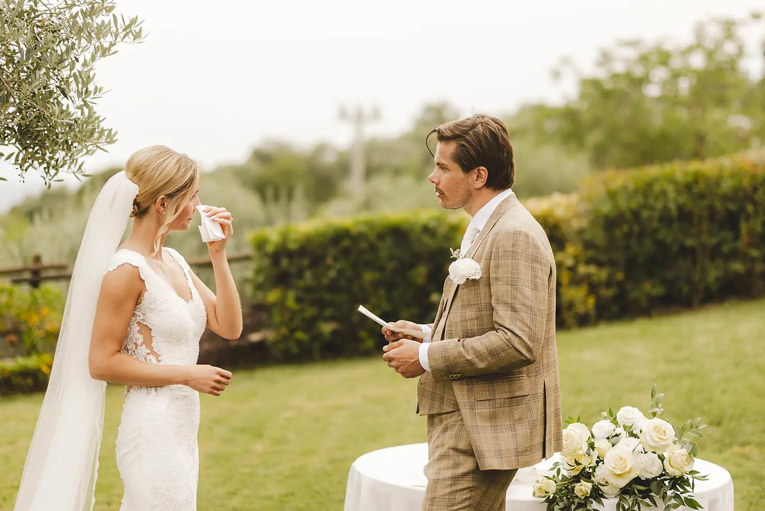 Lovely moment during outdoor emotional wedding ceremony at Quercia al Poggio
