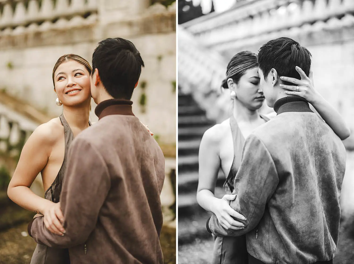 Elegant couple photo session in the heart of panoramic area of Florence under soft rain and light