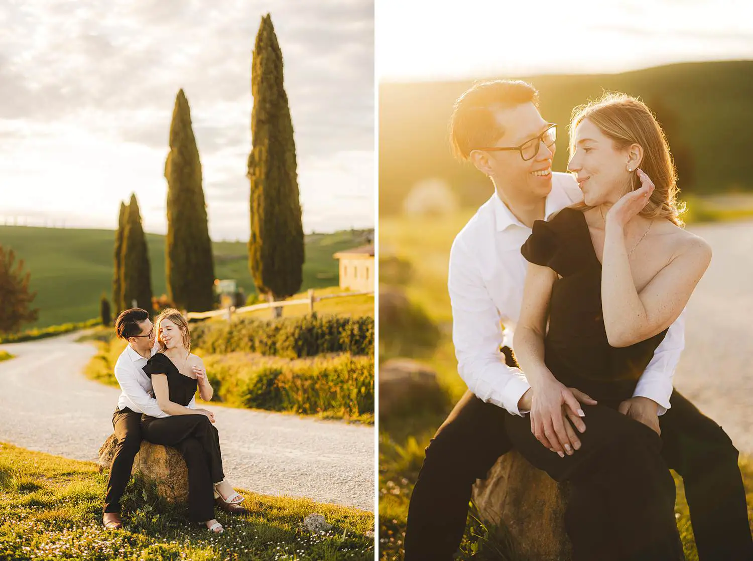 Lovely couple photo shoot under the warm golden light of the Val d’Orcia near Pienza