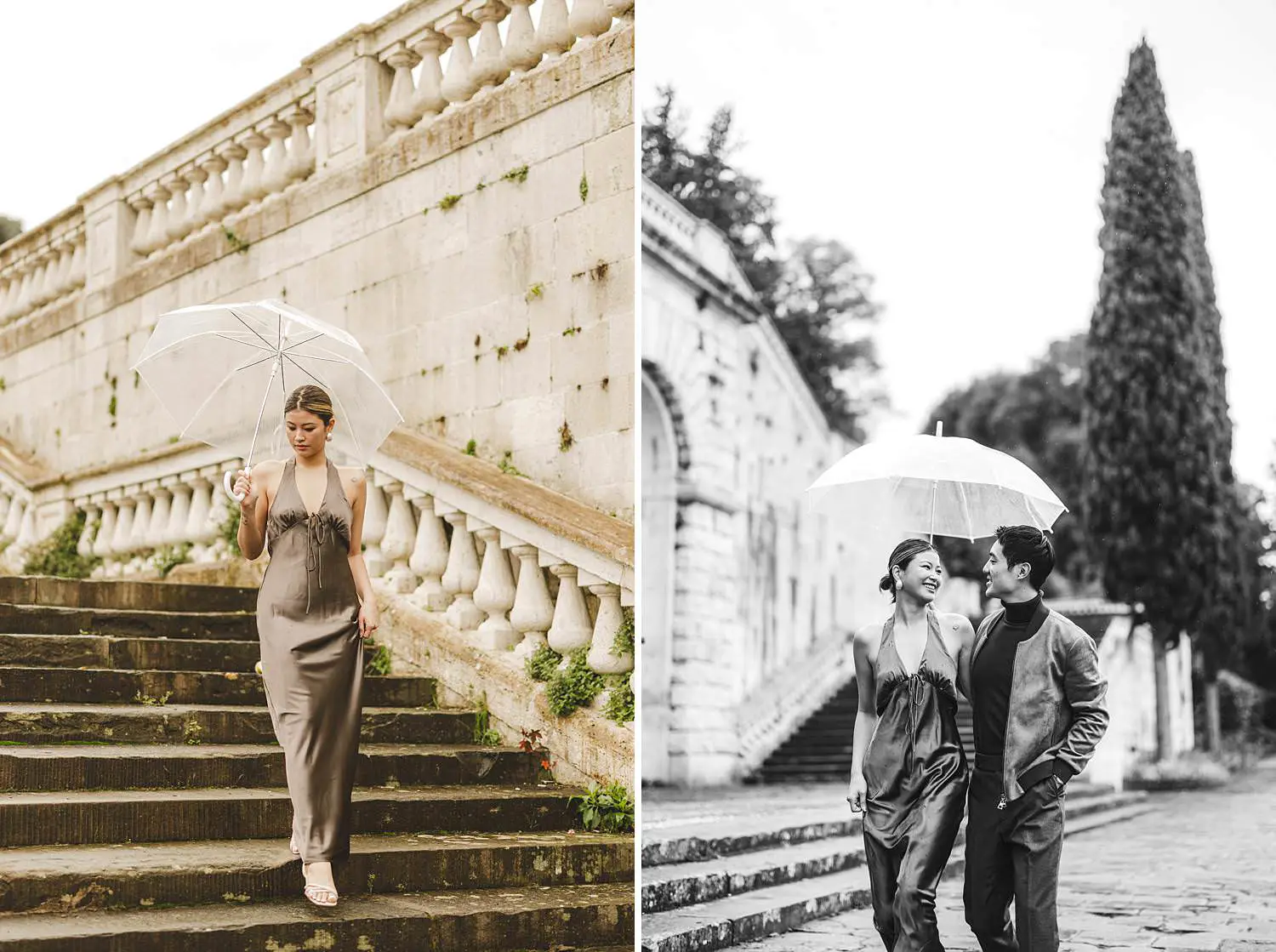 Candid and spontaneous engagement photo shoot in Florence under the rain with transparent umbrella