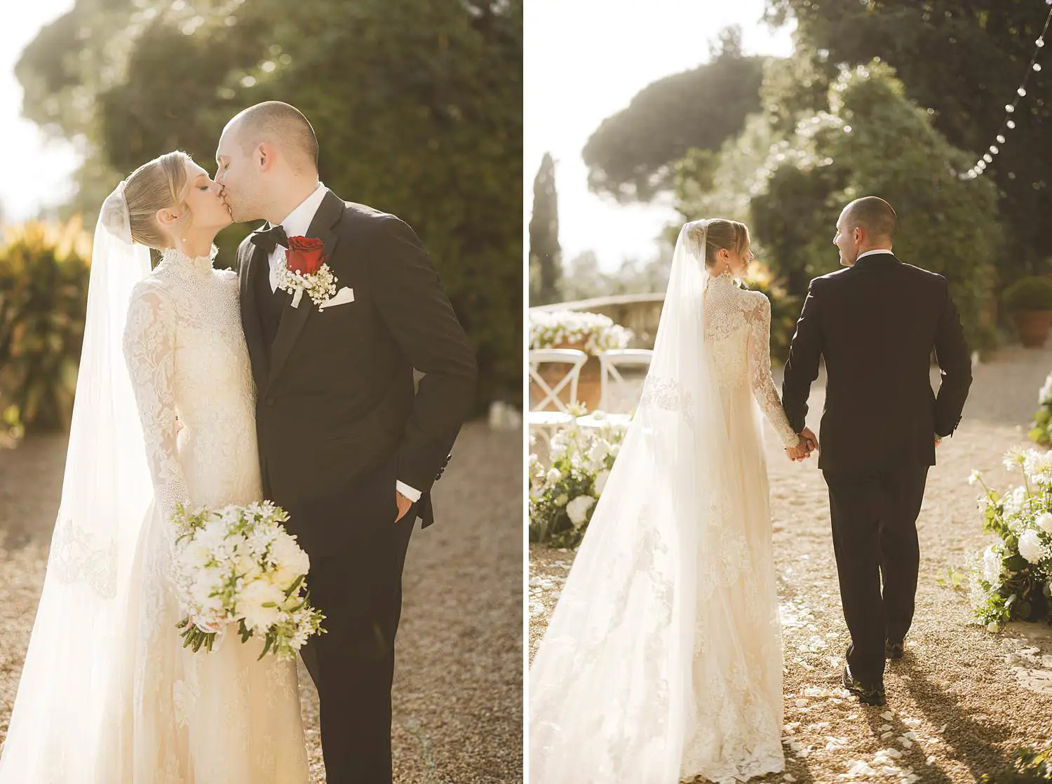 Bride and groom elegant portrait capturing their connection against the soft Tuscan warm light at Villa Belvedere
