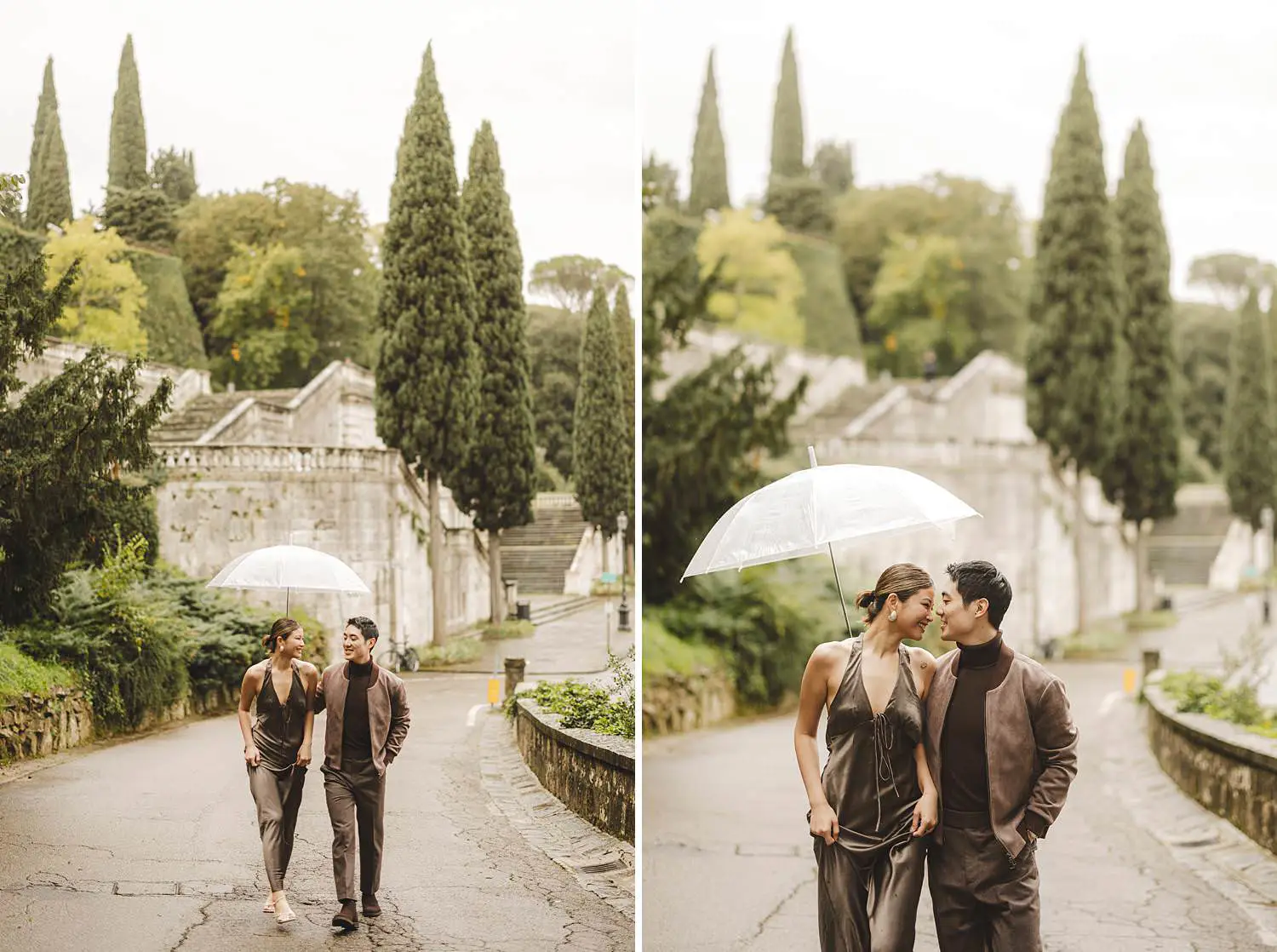 Cinematic and dreamy couple photo session in Florence icon panoramic area under soft rain and transparent umbrella