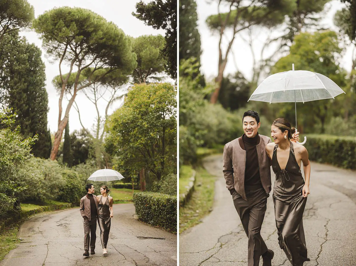 Cinematic and dreamy couple photo session in Florence icon panoramic area under soft rain and transparent umbrella