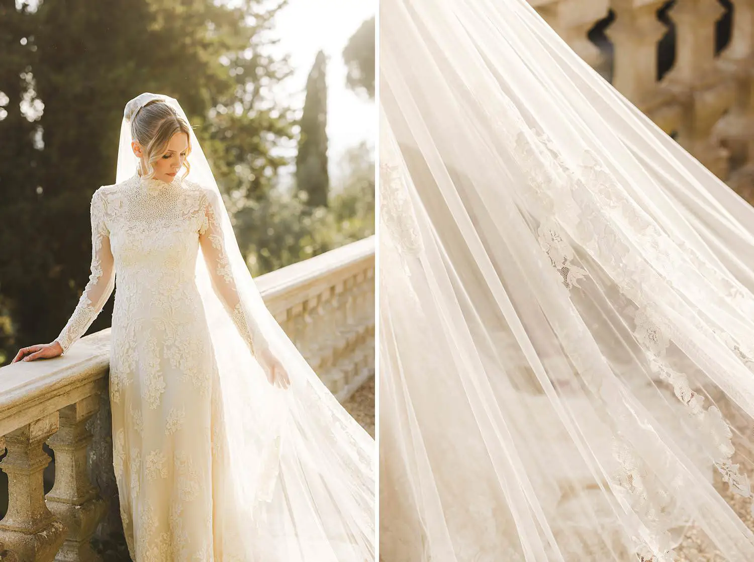 Elegant bride under warm golden hour Tuscan light at Villa Belvedere in Loro Ciuffenna
