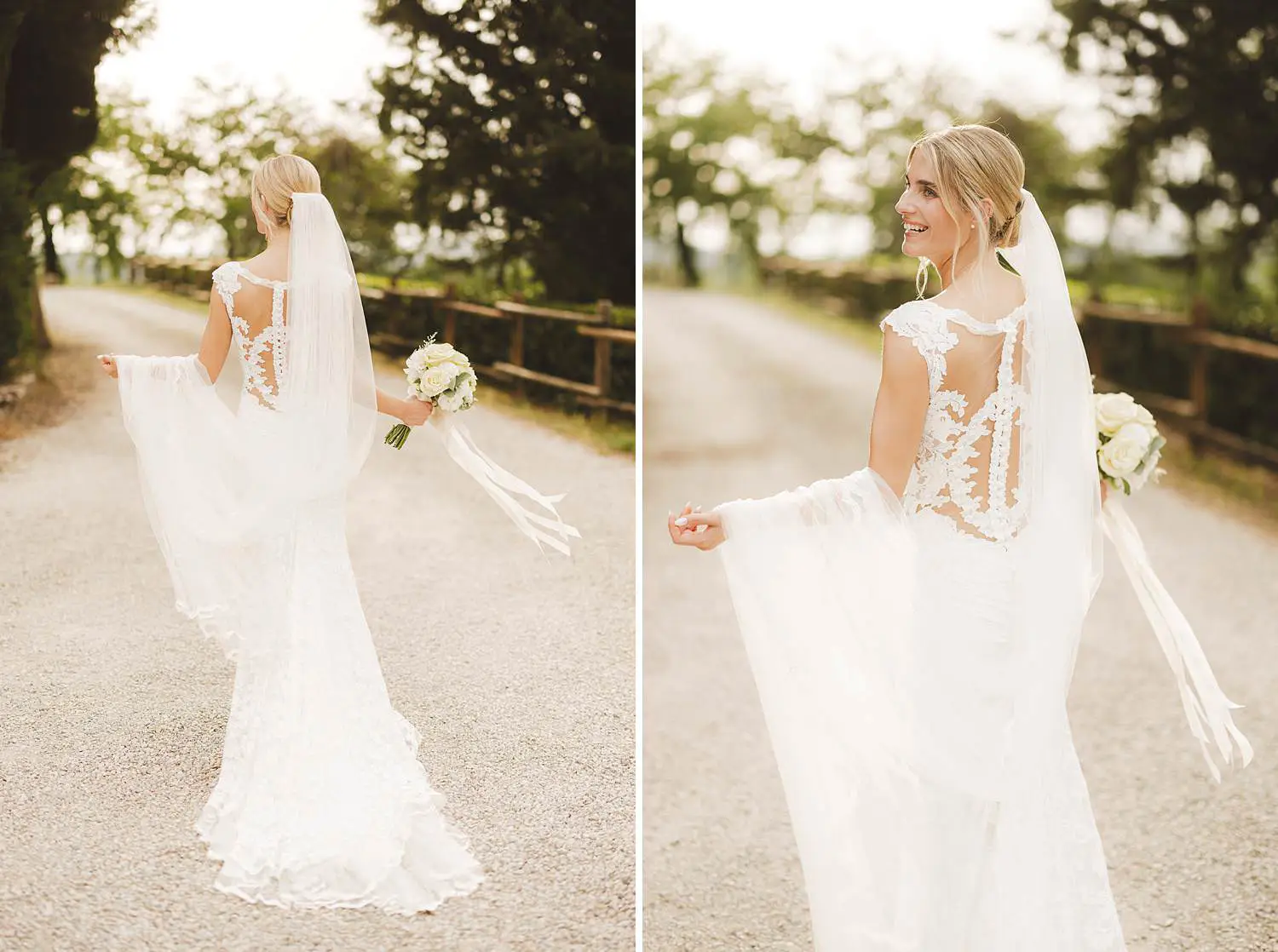 Elegant and gorgeous bride walks in the white street of Agriturismo Fattoria Quercia al Poggio