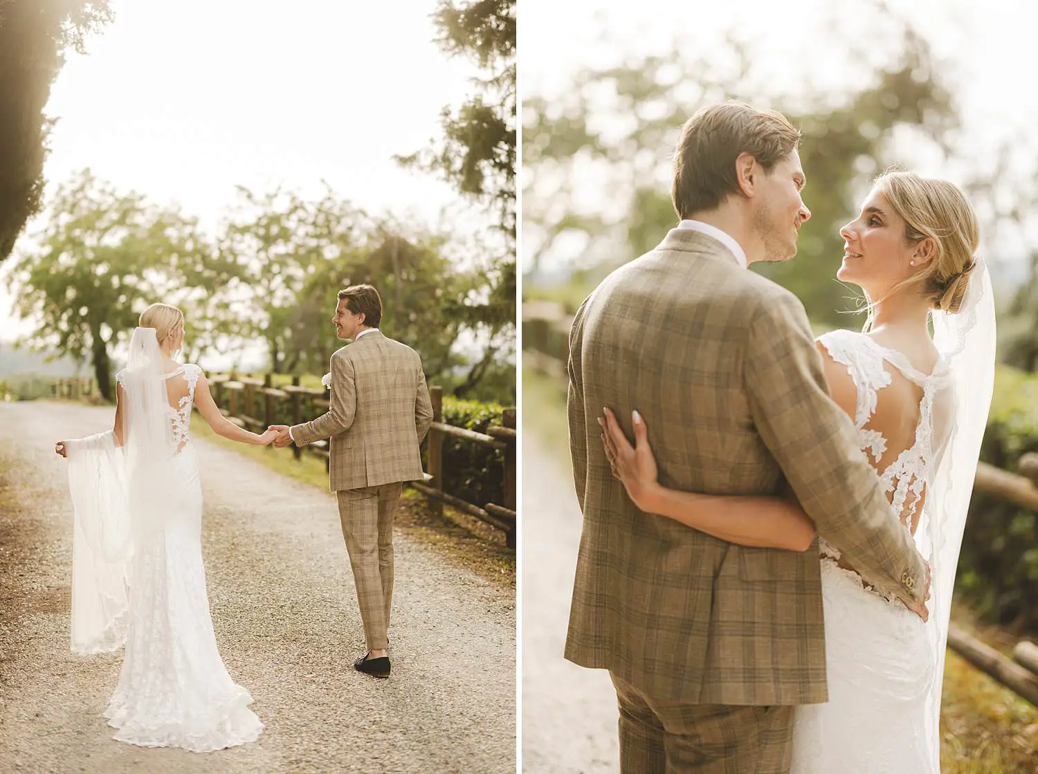 Elegant and gorgeous bride and groom walk in Agriturismo Fattoria Quercia al Poggio under golden light