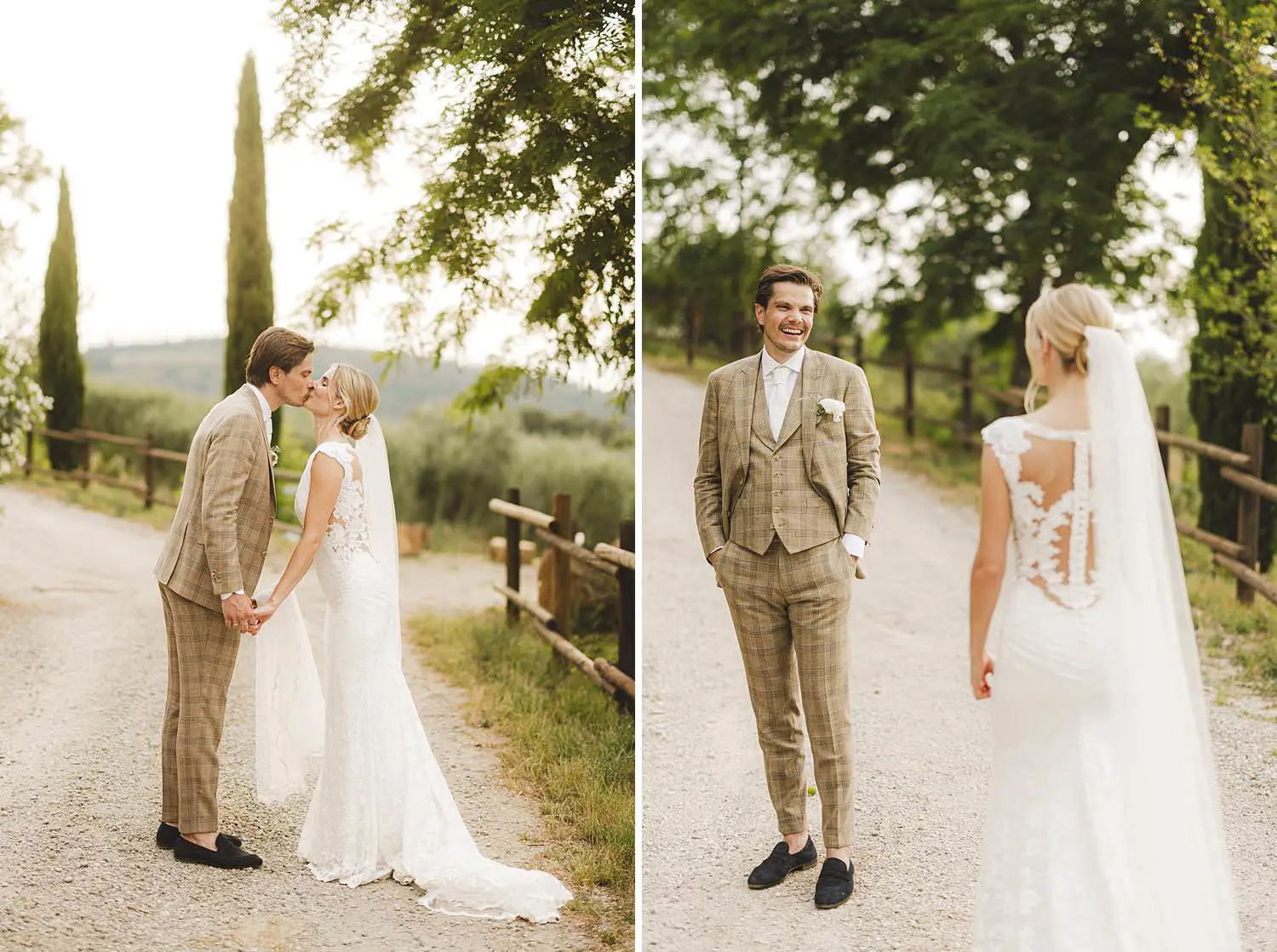 Elegant and gorgeous bride and groom walk in Agriturismo Fattoria Quercia al Poggio under golden light