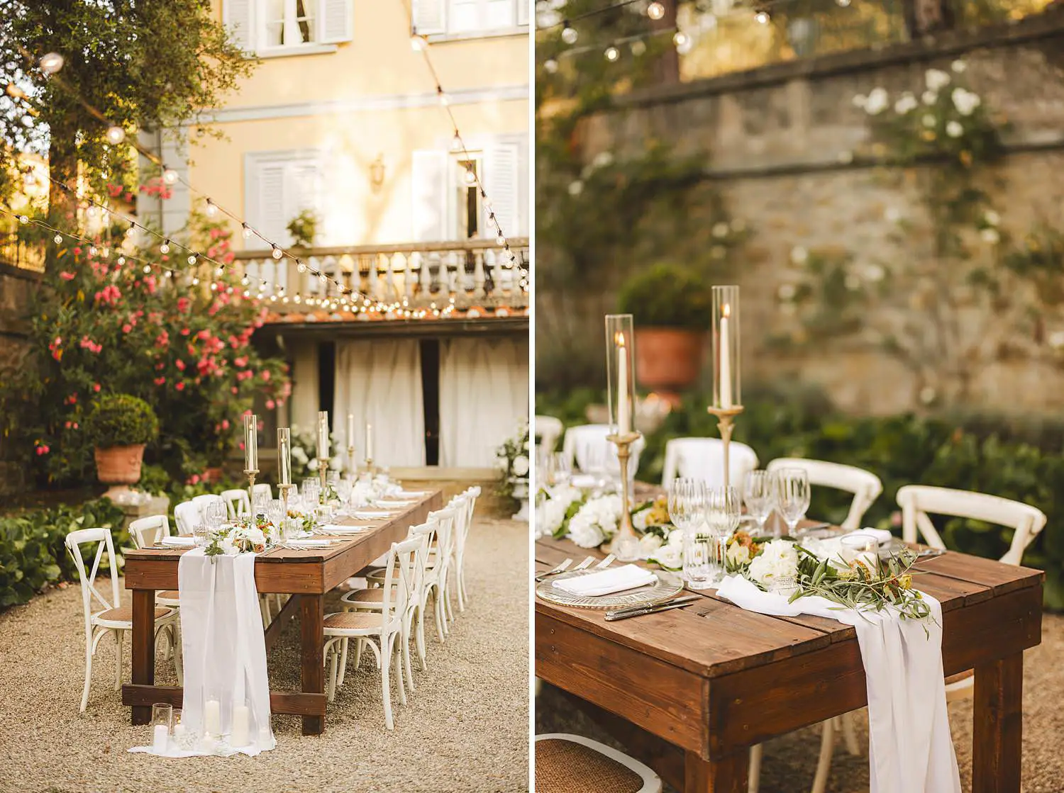 Elegant and beautiful flower decorated intimate dinner table at Villa Belvedere in Loro Ciuffenna