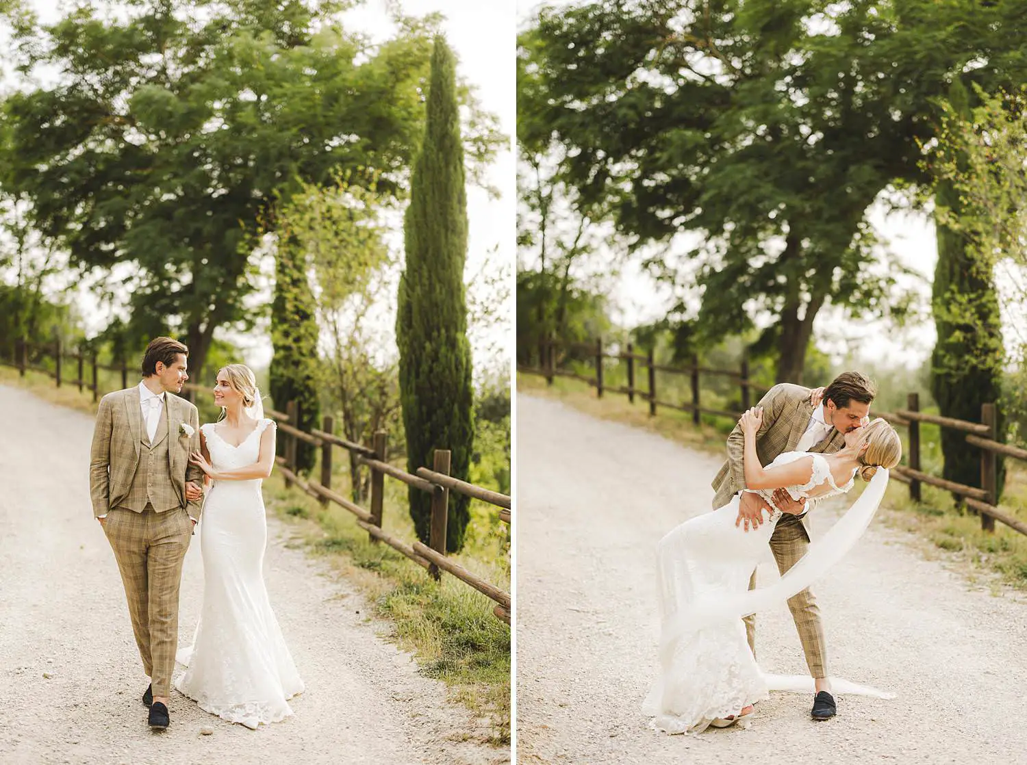 Elegant and classic bride and groom intimate moments along the countryside roads and cypresses trees at Quercia al Poggio