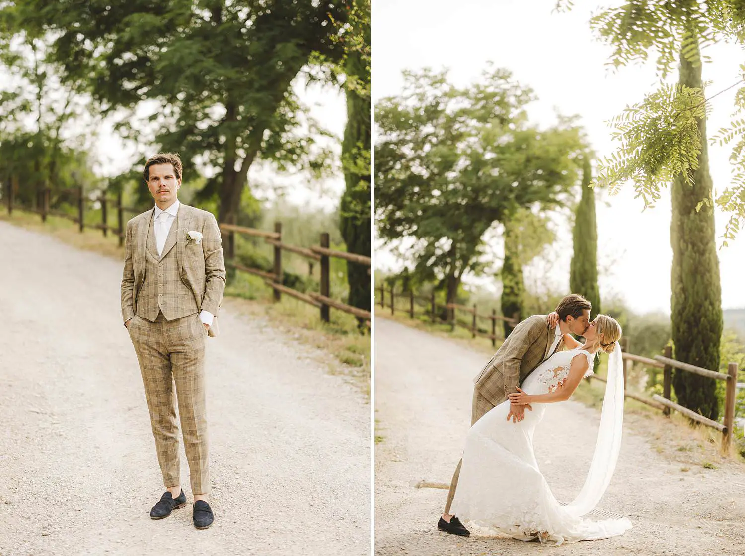 Elegant and classic bride and groom intimate moments along the countryside roads and cypresses trees at Quercia al Poggio