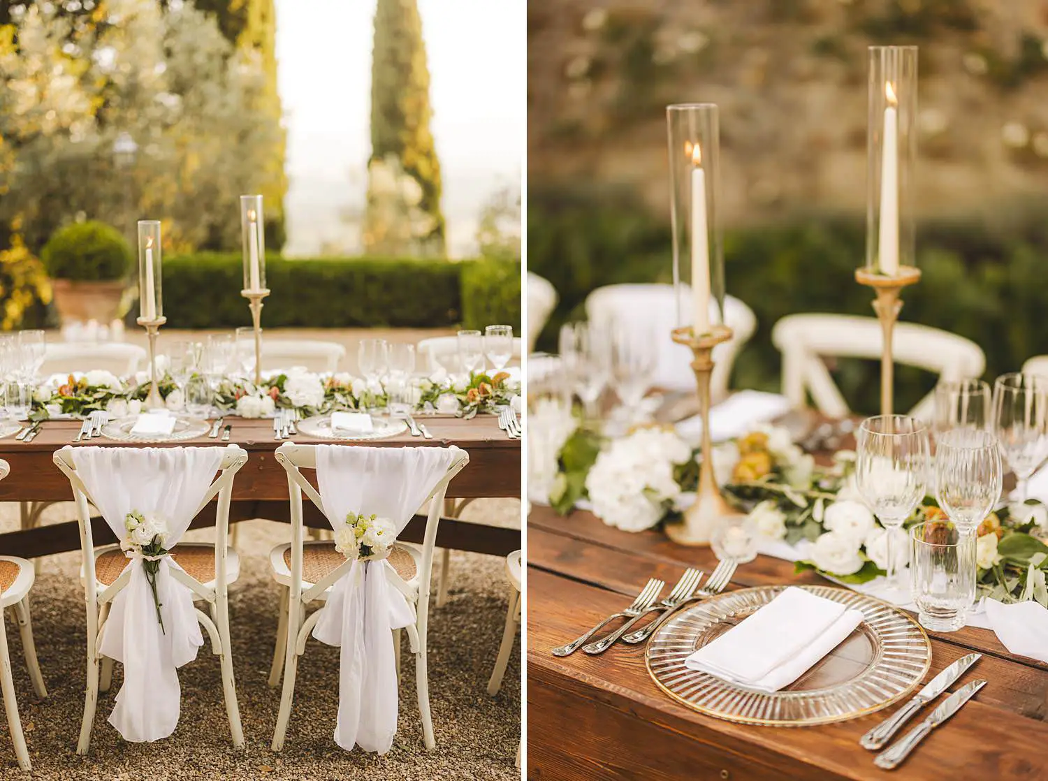 Elegant and beautiful flower decorated intimate dinner table at Villa Belvedere in Loro Ciuffenna