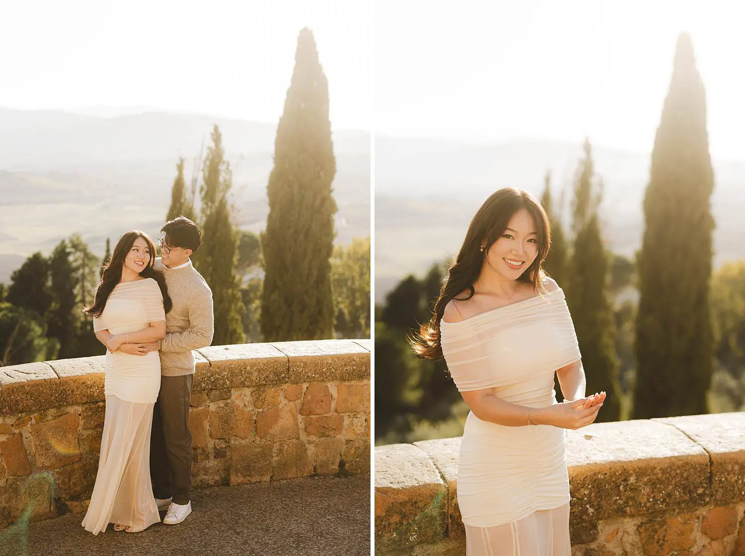 Dreaming engagement photos with breathtaking view over the rolling hills of the Val d’Orcia