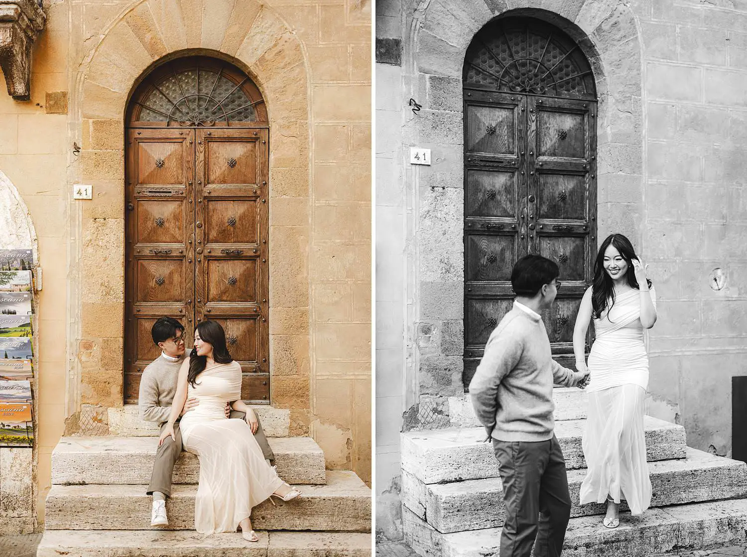 Romantic and dreaming engagement photo shoot in iconic streets of Pienza